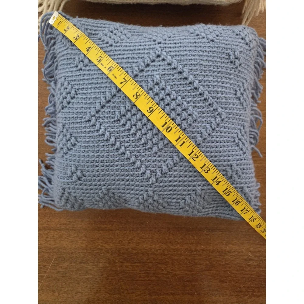 Pair Of Crochet Throw Pillows Blue And Off White Cream Diamond Afghan‎ Style